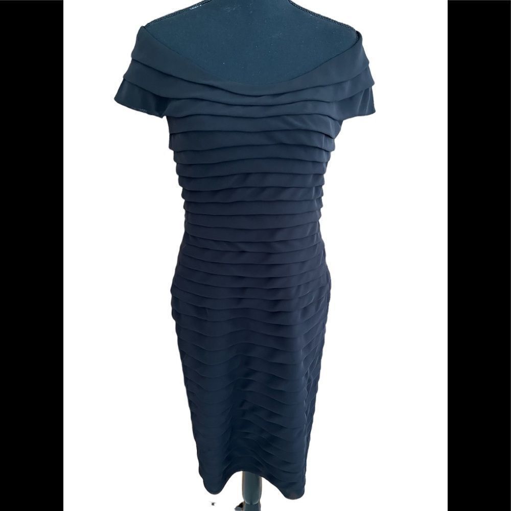 Adrianna Papell black chiffon tiered off shoulder cocktail dress size 10.